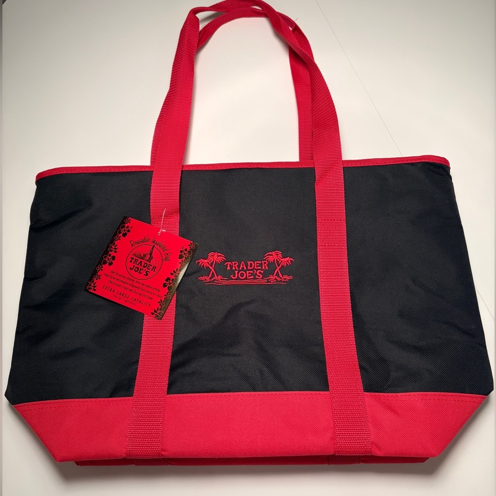 Trader Joe’s Large Insulated Zippered Canvas Tote Bag Black and Red NWT